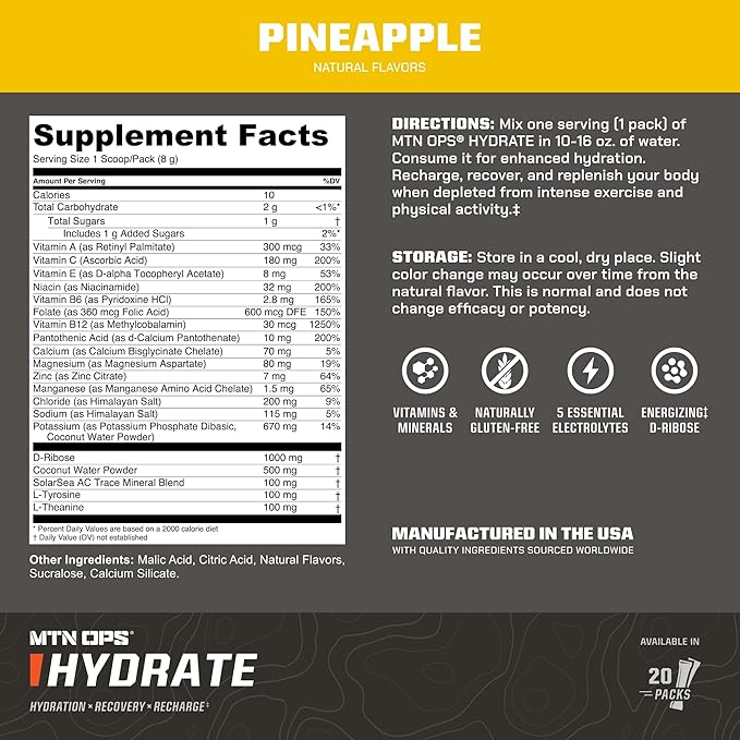 MTN OPS Hydrate Electrolytes Powder Drink Mix, 20 Single Serving On-The-Go Electrolyte Packs with Over 1000mg of Electrolytes per Serving, Pineapple