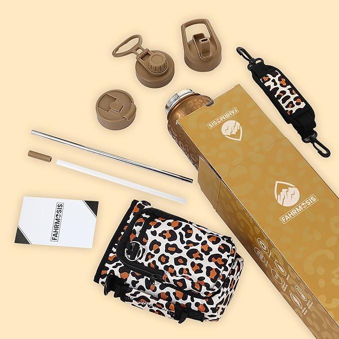 32 Oz Insulated Water Bottle with Strap Stainless Steel Sports Water Bottle with 3 Lids (Straw, Chug & Flip Lid) 1 Liter Leak Proof Insulated Metal Jug for Men & Women - Gold Leopard