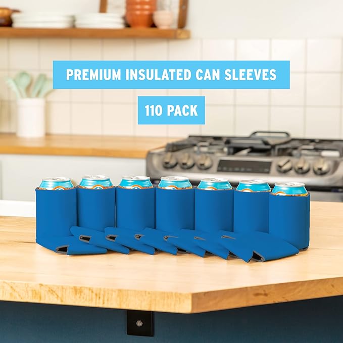 Blank Beer Can Cooler Sleeves (110-Pack) Soft Insulated Beer Can Coolies - HTV Friendly Blank Koolies in Bulk for Beer Cans & Bottles - Coolie Blanks for Vinyl Projects & Wedding Favors (Blue)