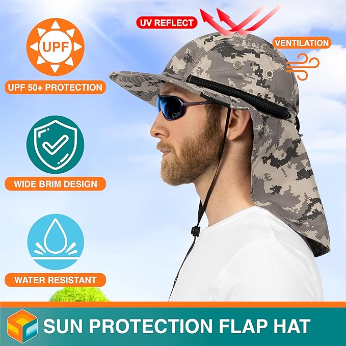 SUN CUBE Sun Hat for Men, Wide Brim Fishing Hat Neck Flap Cover Men, Women, Hiking, Camping, Sun Protection UV, Gardening