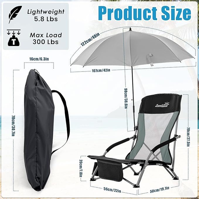 Lamberia Folding Beach Chair with Umbrella for Adults, Portable Low Beach Chairs with 300lbs Capacity, Lightweight Fodable Camping Chair for Travel, Picnic, Concert & Outdoor Activities, Black-Grey