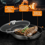 Bruntmor Enameled Cast Iron Skillets - 10-Inch Round Grill Pans for Stove Tops with Glass Lid - 3.5 Quarts Large Frying Pan with Double Loop Handles - Safe for Oven and All Cooking Tops - Black