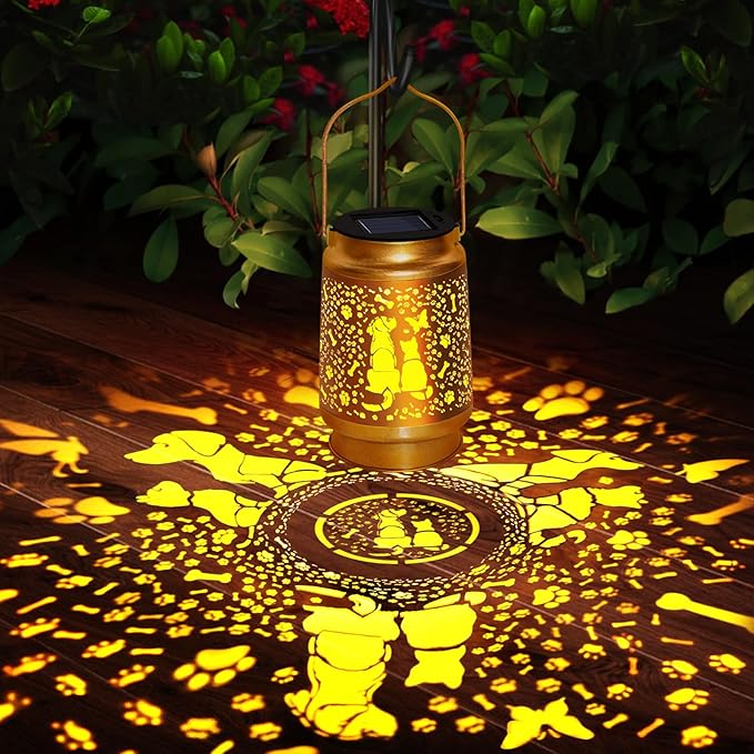 Cat & Dog Solar Lantern Outdoor, yeuago Waterproof Garden Lights with Paw Prints - Memorial Gifts for Pet Lovers, Christmas Decor for Backyard, Patio