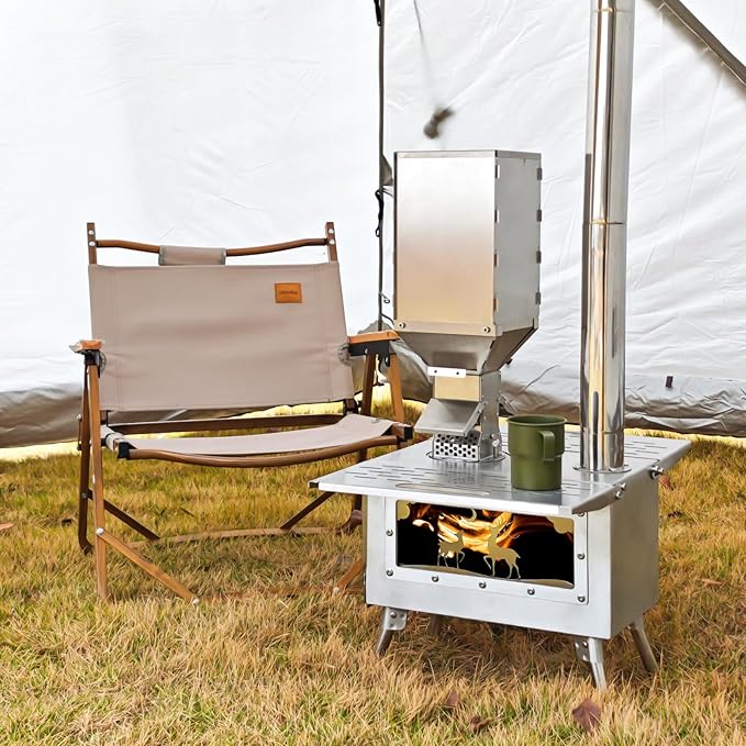 Outdoor Camping Stove Accessory Pellet Bin with Burner for Tent Stove(Silver)