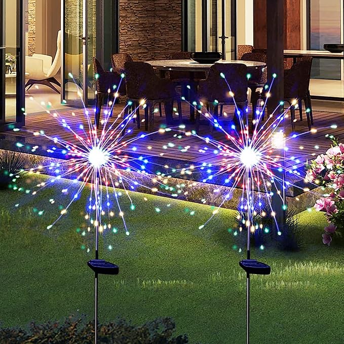 Christmas Solar Garden Lights for Outdoor Decor, Waterproof 2 Pack Solar Powered Firework Stake 120 LED Sparklers String Lights for Yard Pathway Halloween Christmas Decorations(Colorful)