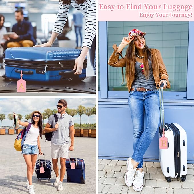 Personalized Initial Luggage Tags for Suitcase, Pink Leather Cute Luggage Tags with Privacy Cover Name Card, Embroidered Custom Monogrammed Luggage Tag Travel Bag Baggage Tags Gifts for Women Kids(B)