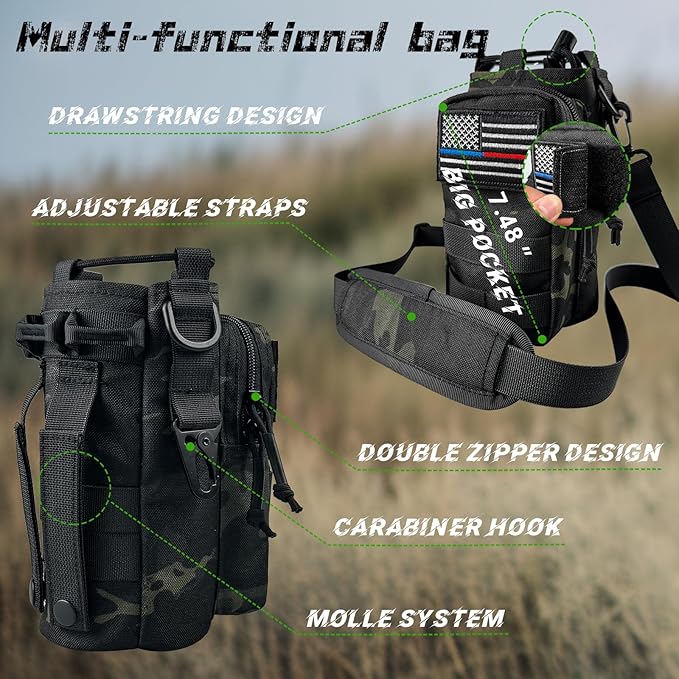 32 oz Insulated Water Bottle Stainless Steel with Sleeve - Military Metal Water Jug, For Gym Workout Hiking, Camo Black Water Bottle Pouch