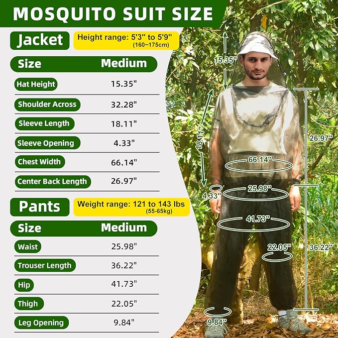 Mosquito Suit, Bug Net Pants & Jacket with Hood, Full Body Bug Suit for Gardening & Outdoor Protection from Bugs, Flies, Gnats, No-See-Ums & Midges, Mosquito Clothing for Women & Men, M Size