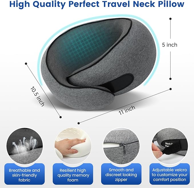 Neck Pillow for Airplane Travel Memory Foam Neck Travel Pillow with Eye Mask & Ear Plugs, Portable Carry Bag for The Comfort of Travel & Office, Travel Pillow for Plane, Car, Home, Work, Dark Grey