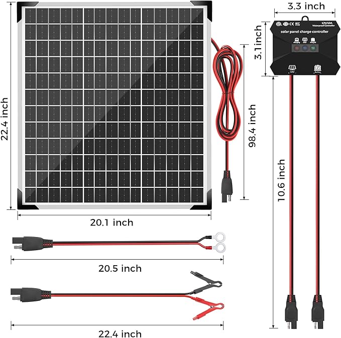 Solar Panel Kit 50W 12V, Solar Battery Trickle Charger Maintainer, Waterproof Solar Panel + Upgrade Charge Controller + Mount Bracket for Boat RV Motorcycle Marine