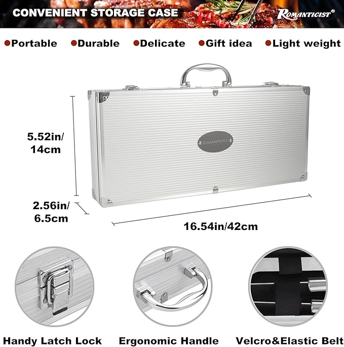 ROMANTICIST 20pcs Heavy Duty BBQ Grill Tool Set in Case - The Very Best Grill Gift for Father's Day and Christmas - Professional BBQ Accessories Set for Outdoor Cooking Camping Grilling Smoking, Grey