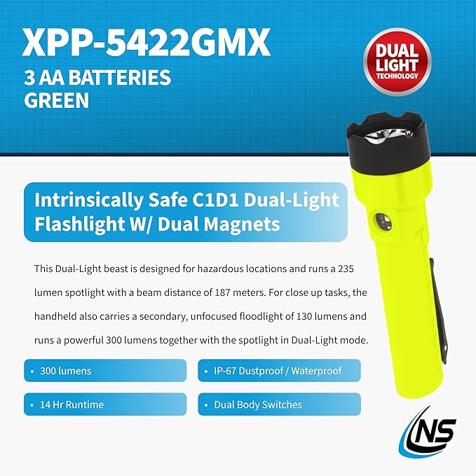 Nightstick XPP-5422GMX X-Series Intrinsically Safe Dual-Light Flashlight with Dual Magnets, Green/Black