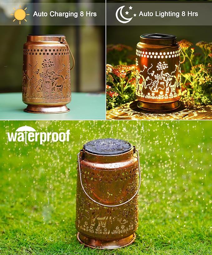 Nacome Elephant Solar Lanterns for Garden Decor: Waterproof Hanging Metal Decorations with LED Lights for Yard Lawn Porch Patio Landscape Pathway