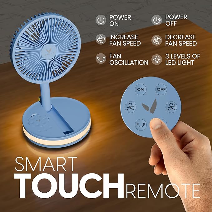 VENTY Portable Fan - Wireless Battery Operated Fan - 4 Speeds - LED Lighting - Carry Case & Remote Control - Cruise Travel - Outdoor Travel RV Power Bank With USB-C Port (Blue with Case)