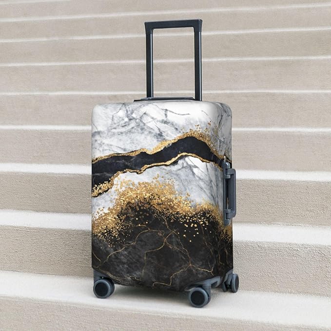 Travel Luggage Cover Suitcase Protector, White Black Gold Marble Abstract Washable Elastic Suitcase Baggage Cover Double-sided with Zipper Closure for Wheeled Suitcase Fits 29-32 Inch Luggage