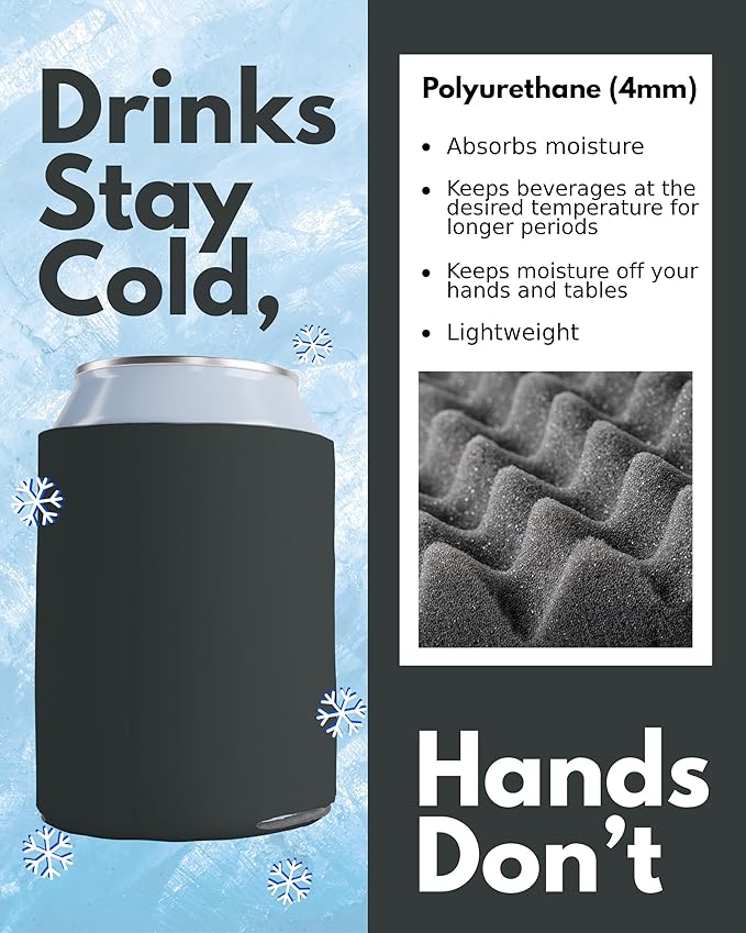 PartyPrints 100 Pack Charcoal Blank Can Cooler Sleeves, Customizable Bulk Insulated Foam for Beer, Collapsible Plain Drink Holder, Cold Soda Insulator, 12oz Regular, 16oz Tall Cans