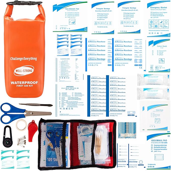 Waterproof First Aid Kit Roll Top Boat Emergency Kit with Waterproof Contents for Fishing Kayaking Boating Swimming Camping Rafting Beach Orange