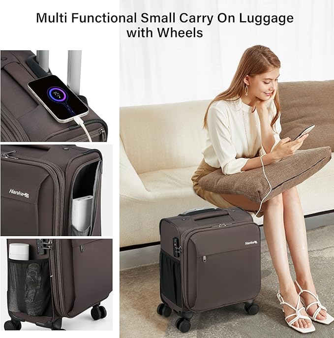 Hanke 16 Inch Underseat Carry On Luggage with Wheels Small Suitcase Softside Luggage Bags for Travel Lightweight Suitcases with Wheels Travel Luggage Personal Item for Men and Women.(Coffee)