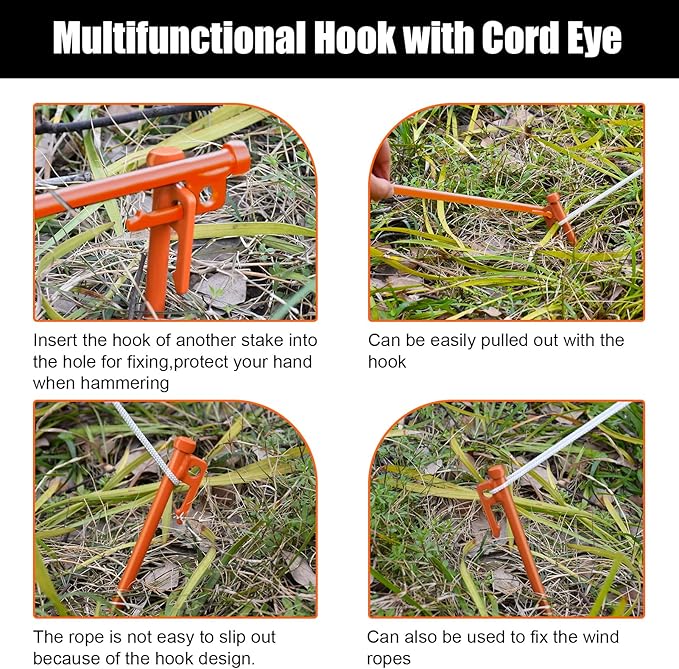 Eurmax USA 10 inch Multiuse Heavy Duty Steel Tent Stakes Tarp Pegs Camping Stakes for Outdoor Camping Canopy and tarp with 4 Ropes 10FT Length,8pcs(Orange)