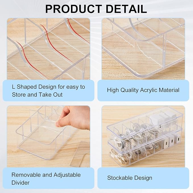 Tatuo 6 Pcs Cable Organizer Box with Wire Ties, Plastic Cord Storage Box with Lid, Electronics Organizer for Home Office Desk Organizers and Accessories (Clear)