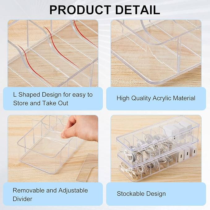 Tatuo 4 Pcs Cable Organizer Box with Wire Ties, Plastic Cord Storage Box with Lid, Electronics Organizer for Home Office Desk Organizers and Accessories (Clear)