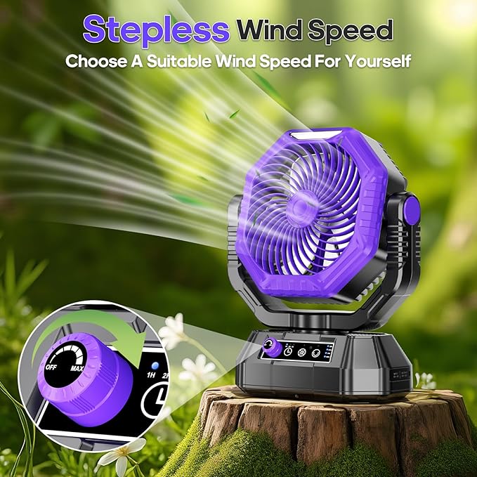 AJVV Camping Fan Rechargeable, Battery Powered Fan With Remote Controller, LED Light, Dual Motors, Stepless Speed, 45°/90°/270° Swing,Timer, Portable fan For Travel/Tent/Beach/Fishing,Violet
