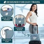 PAVILIA Travel Blanket and Pillow, Arms Opening Airplane Blankets for Adults, Compact Plane Blanket with Arm Hole 2-in-1 Bag for Flight Car Camping Fit in Luggage Backpack Traveler Gift, Blue