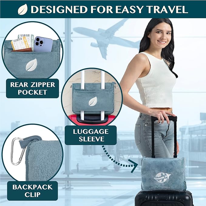 PAVILIA Travel Blanket and Pillow, Arms Opening Airplane Blankets for Adults, Compact Plane Blanket with Arm Hole 2-in-1 Bag for Flight Car Camping Fit in Luggage Backpack Traveler Gift, Blue