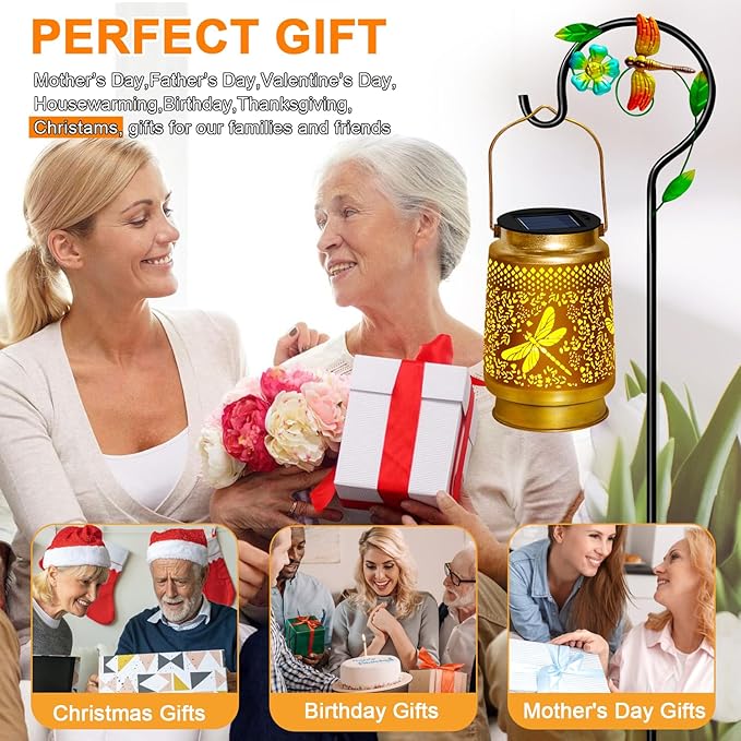 TEDOF Solar Lanterns Outdoor Waterproof Dragonfly Birthday Mothers Day Gifts for Women,Mom,Grandma,Hanging Metal Solar Garden Lights for Yard,Patio,Backyard,Porch