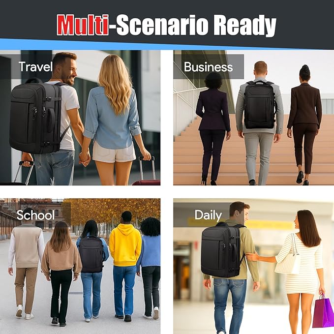 Travel Backpack,Expandable 40-50L Carry On Backpack,Extra Large Anti-Theft TSA Flight Approved Large Weekender Daypack Bag for Men and Women, Waterproof Pocket Lightweight Travel Gifts for Men,Black