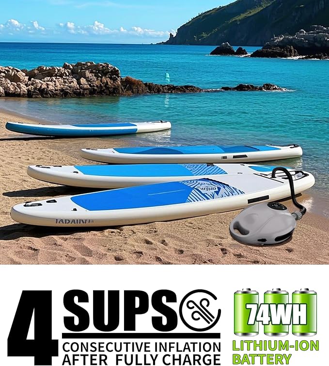 Tuomico Truely Portable Paddle Board Pump 25 PSI High Pressure Sup Air Pump,4 Minutes Fast Inflation, 74WH Rechargeable Battery Powered Electric Air Pump for Inflatable Kayak Boat Float Tent