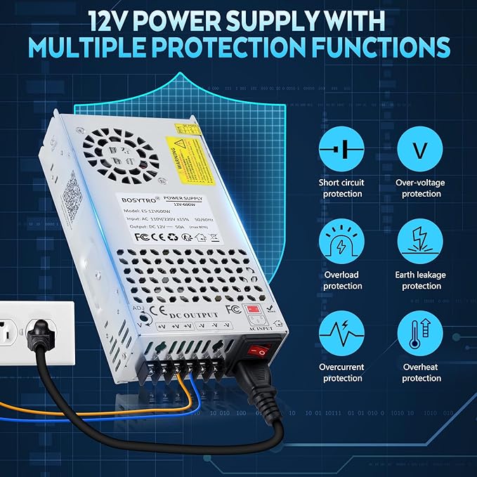 Upgraded 12V DC Power Supply 600W 50A 110v to 12v Converter Switching Power Supply for Led Strip, CCTV, 3D Printer, Motor Pump, Electronic Instruments, Lab Computer, Without Power Cord