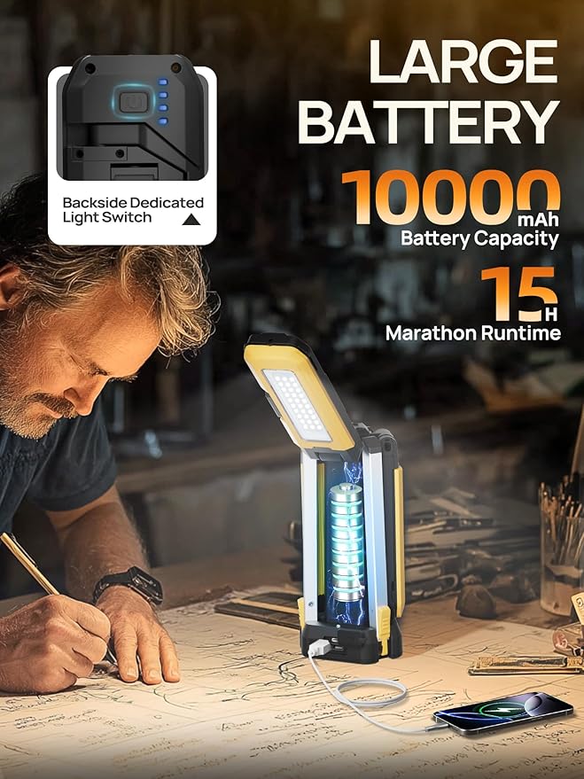 10000mAh Rechargeable Camping Light with Stand 5.6 ft Max Height, Individual Lamp Bracket, with 2 Detachable Lamp Panels, Cordless Led Work Light, Camping Garage Workshop Car Repair
