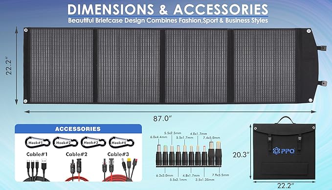 PPQ 200W Portable Solar Panel Kit 18V/12A,14lb Foldable Briefcase Solar Charger w/ 24% Efficiency,4 Cables & 16 Outputs for All Camping Power Station, RV Battery, Phones, IP67 Waterproof