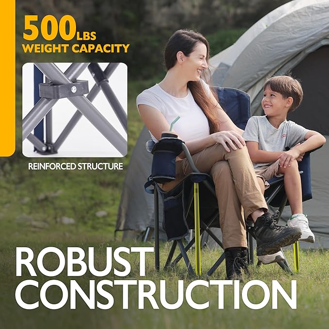 Oversized Folding Camping Chair for Adults, Supports 500 lbs – Breathable Fabric, Insulated Cup Holder, 8-Can Cooler, Padded Backrest & Seat, Storage Pouch, Carry Bag