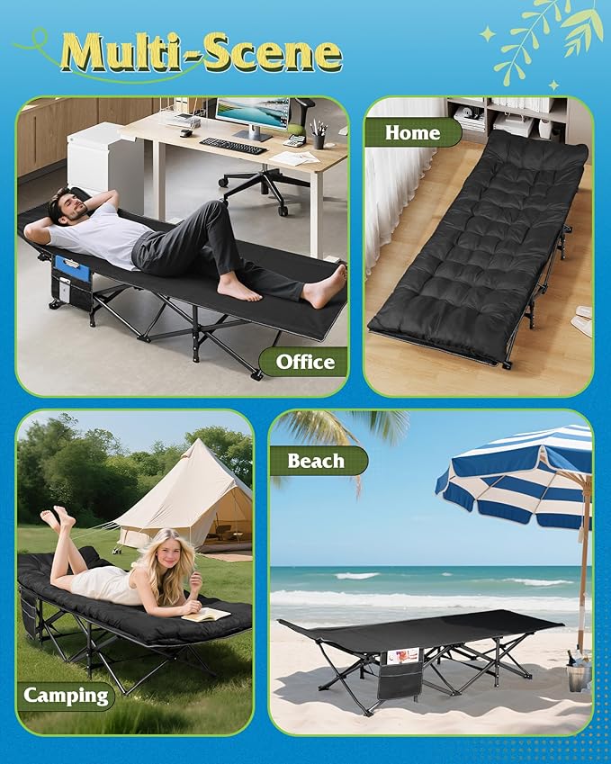 WLIVE 1200D Double Layer Oxford Camping Cots for Adults, Folding Cots for Sleeping with Mattress, Outdoor Folding Bed with Carry Bag, Portable Camping Bed for Sleeping, Resting, Camping, Black