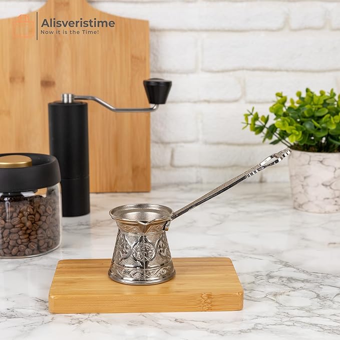 Alisveristime Authentic Turkish Coffee Pot, Handmade Cezve/Ibrik, Multiple Sizes and Colors Available - Enhance Your Coffee Experience Now! (Silver, 1 Cup)