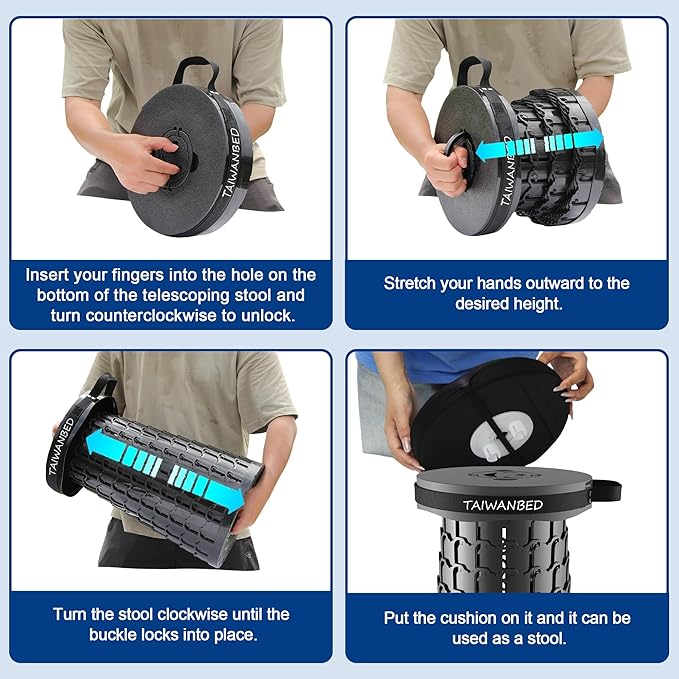 Upgraded XXL Taller 19.7" Wider 11.8" Collapsible Stool with Cushion,Adjustable Seat with Load Capacity 1000lbs, More Taller&Wider Portable Retractable Stool for Adults Camping Fishing Hiking BBQ