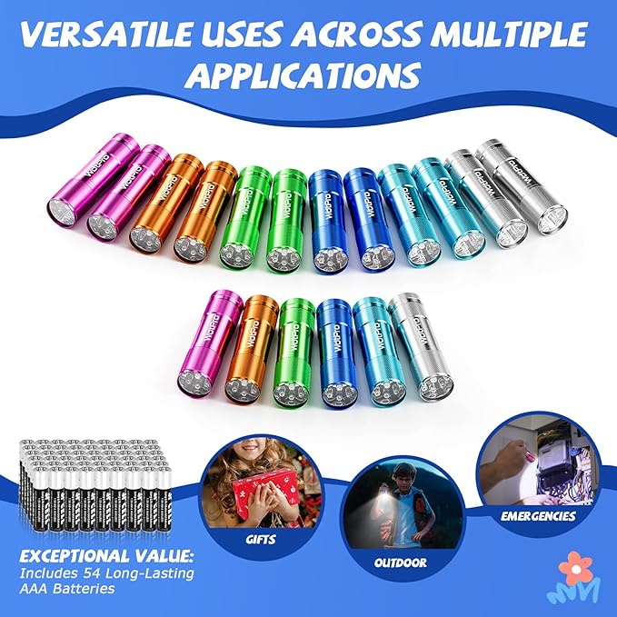 WdtPro LED Mini Flashlights 18 Pack, Aluminum Bright Flash Light with Lanyard, Assorted Colors, Small Flashlight for Home, Power Outage, Kids Reading, Camping, Party, Gift with Batteries