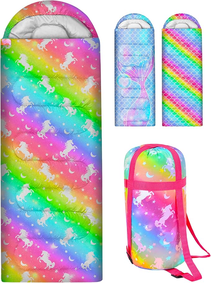 Kids Sleeping Bag for Kids Girls, 3 Season Warm Cool Weather Waterproof Lightweight Camping Sleeping Bag with Carry Bag for Indoor Outdoor Camping Hiking Traveling