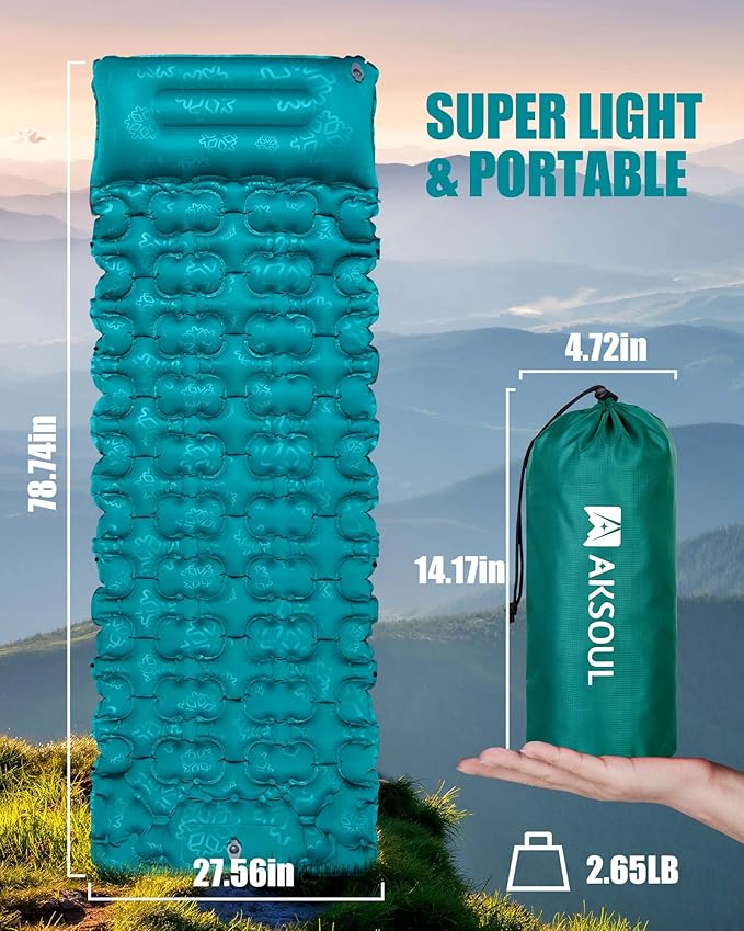 AKSOUL Self-Inflating Sleeping Pad for Camping: Inflatable Wide Compact & Ultralight Air Mattress Sleep Mat, Lightweight Inflatable Pads for Backpack Hiking Traveling Outdoor