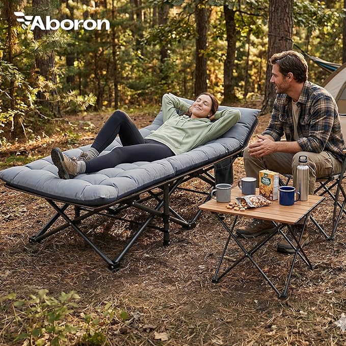ABORON Camping Cot for Adult 28" Extra Wide, Heavy-Duty 1200D Oxford Cot for Sleeping, Portable Folding Camp Bed with Mat & Carry Bag