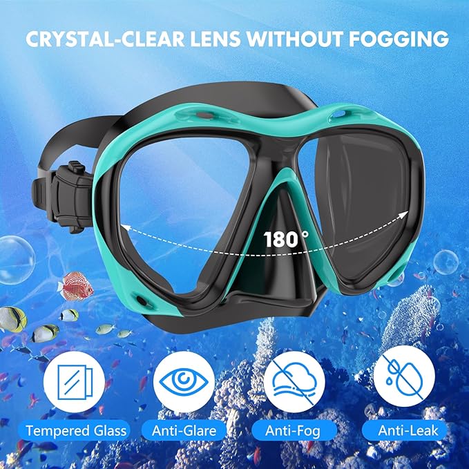 Snorkeling Gear for Adults Men Women, 3 in 1 Snorkel Set with Panoramic View Diving Mask Anti-Fog Anti-Leak, Snorkel Mask Dry Top Snorkel Fins for Swimming, Snorkeling and Travel Diving