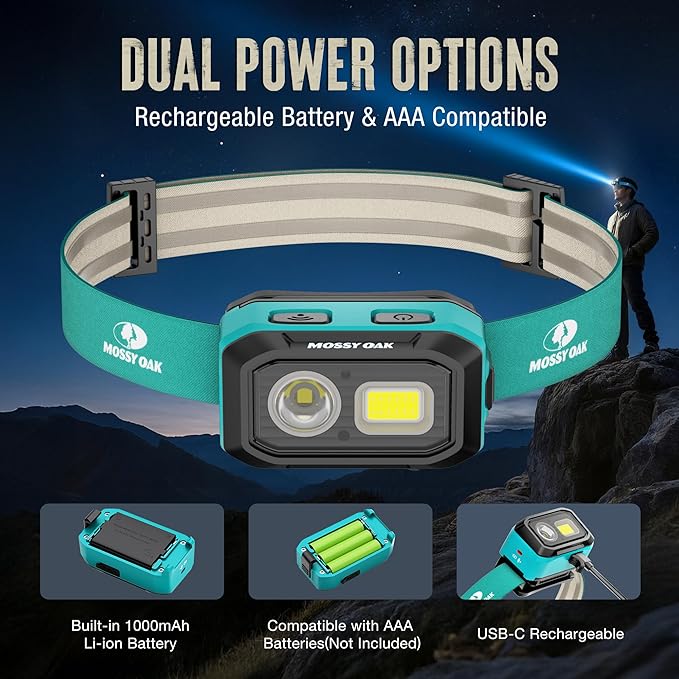 Mossy Oak 600 Lumens LED Headlamp, Dual Power Source, Motion Sensor Head Lamp with Magnetic Base, Stepless Dimming, Memory Mode for Camping, Running, Hiking