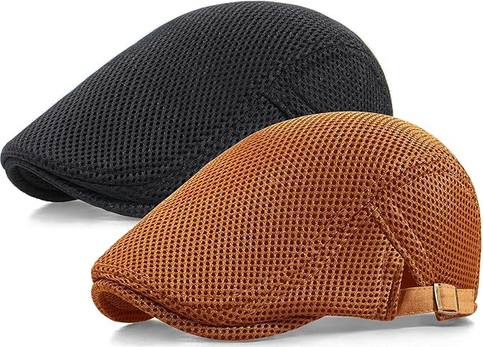 2 Pack Men's Mesh Cap Breathable Summer Newsboy Hat Adjustable Beret Ivy Cap Irish Cabbie Driving Hunting Hats