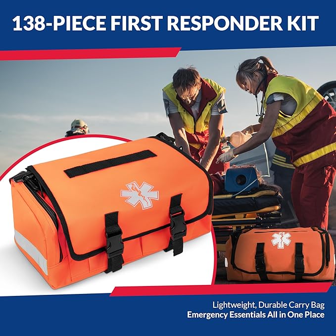 First Responder Trauma First Aid Kit Bag – Fully Stocked Emergency Medical Kit for Workplace, Vehicle & Home – OSHA & ANSI Compliant – Portable – Orange