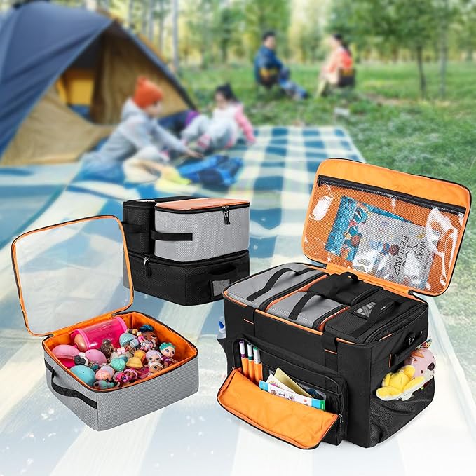 Camping Organizers and Storage, 4 Pcs Packing Cubes with Carrying Bag, 5-in-one with Hard Bottom Storage Bag for Travelling, Toys, Dolls, etc, Black