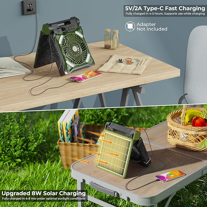 KITWLEMEN Upgraded Solar Camping Fan with Lantern - Rechargeable Battery Operated Fan, 36H Run Time Max, 4 Speeds, 8H Timer, 90° Adjustable Portable Desk Fan for Hurricane, Power Outage, Outdoor Use