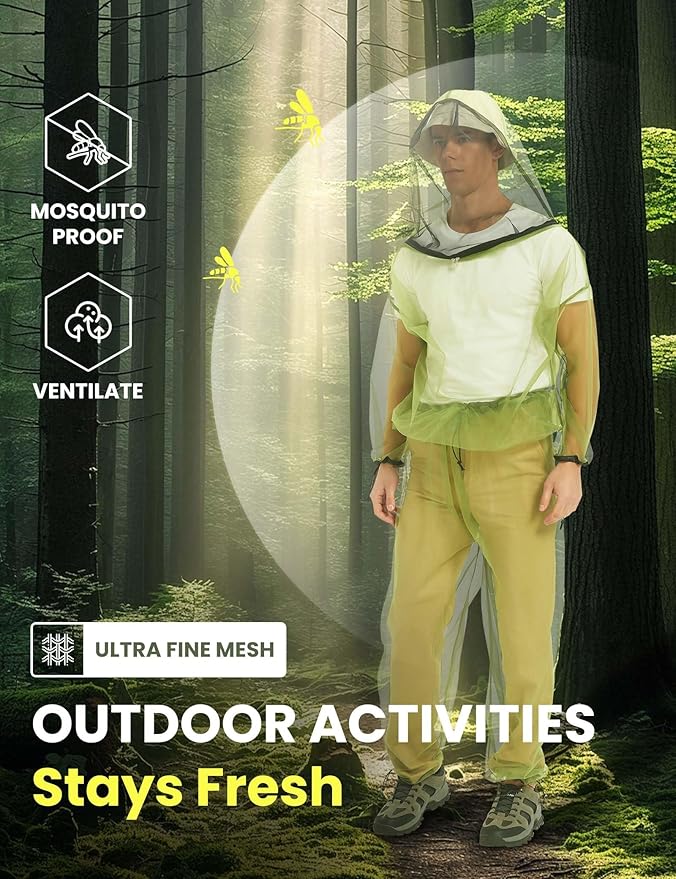HENNCHEE Mosquito Suits for Adult, Mesh Net Bug Hooded Jacket Pant, Outdoor Full Body Protection Mosquito Proof Clothing