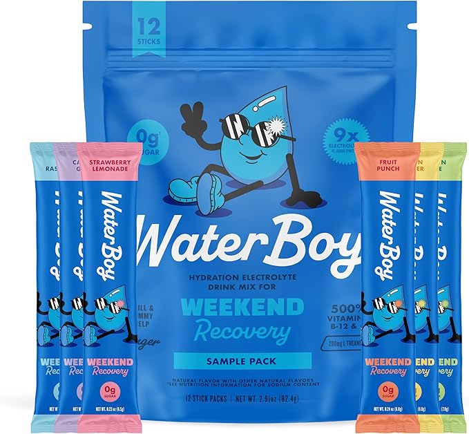 Waterboy Weekend Recovery Sample Pack | 3,200mg Electrolyte Powder Packets | Ginger + L-Theanine + Vitamins | No Sugar, All Natural, Gluten Free | 12 Drink Stick Mixes (Sample Pack)